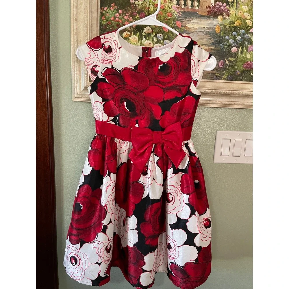 Gymboree Red White Floral Roses Holidays Party Formal Dress Waist Bow Size 8